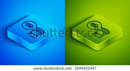 Isometric line Hand holding auction paddle icon isolated on blue and green background. Bidding concept. Auction competition. Hands rising signs with BID inscriptions. Square button. Vector