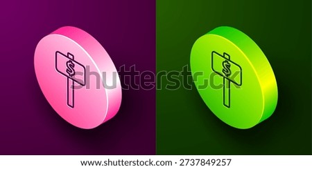 Isometric line Hand holding auction paddle icon isolated on purple and green background. Bidding concept. Auction competition. Hands rising signs with BID inscriptions. Circle button. Vector