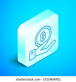 Isometric line Hand holding Bitcoin icon isolated on blue background. Blockchain technology, digital money market, cryptocoin wallet. Silver square button. Vector Illustration