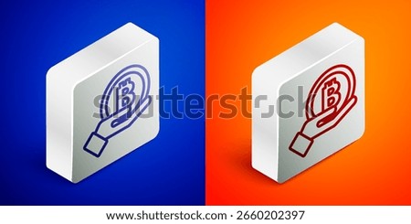 Isometric line Hand holding Bitcoin icon isolated on blue and orange background. Blockchain technology, digital money market, cryptocoin wallet. Silver square button. Vector
