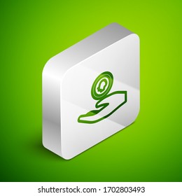 Isometric line Hand holding coin money icon isolated on green background. Dollar or USD symbol. Cash Banking currency sign. Silver square button. Vector Illustration