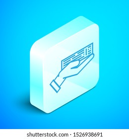 Isometric line Hand holding deck of playing cards icon isolated on blue background. Casino gambling. Silver square button. Vector Illustration