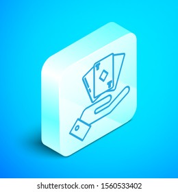 Isometric line Hand holding deck of playing cards icon isolated on blue background. Casino gambling. Silver square button. Vector Illustration