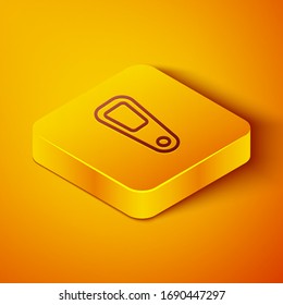 Icono de espejo de la mano de línea isométrica aislado en fondo naranja. Botón cuadrado amarillo. Ilustración vectorial