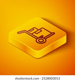 Linha isométrica Caminhão de mão e ícone de caixas isolados no plano de fundo laranja. Símbolo Dolly. Botão quadrado amarelo. Ilustração de vetor