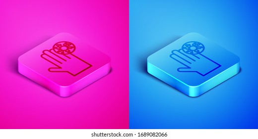 Isometric line Hand with virus icon isolated on pink and blue background. Corona virus 2019-nCoV. Bacteria and germs, cell cancer, microbe, fungi. Square button. Vector Illustration
