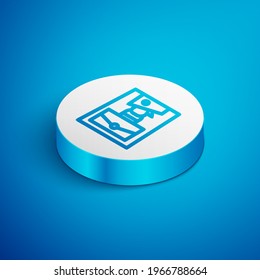 Isometric line Handbag icon isolated on blue background. Female handbag sign. Glamour casual baggage symbol. White circle button. Vector