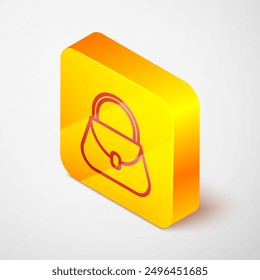 Isometric line Handbag icon isolated on grey background. Female handbag sign. Glamour casual baggage symbol. Yellow square button. Vector Illustration