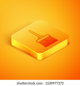 Isometric line Handle broom icon isolated on orange background. Cleaning service concept. Orange square button. Vector Illustration
