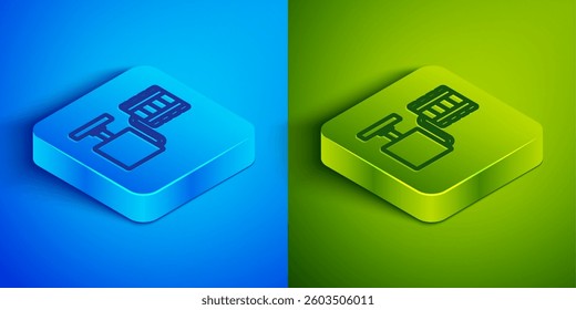 Isometric line Handle detonator for dynamite icon isolated on blue and green background. Square button. Vector