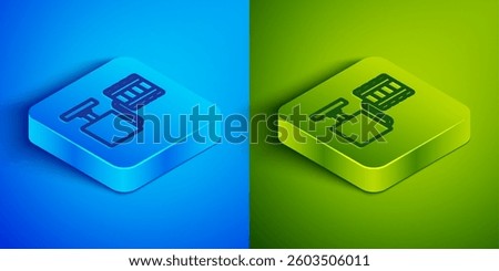 Isometric line Handle detonator for dynamite icon isolated on blue and green background. Square button. Vector
