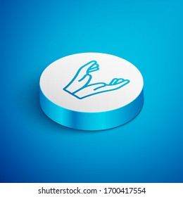 Isometric line Hands in praying position icon isolated on blue background. Prayer to god with faith and hope. White circle button. Vector Illustration