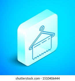 Isometric line Hanger wardrobe icon isolated on blue background. Clean towel sign. Cloakroom icon. Clothes service symbol. Laundry hanger sign. Silver square button. Vector Illustration