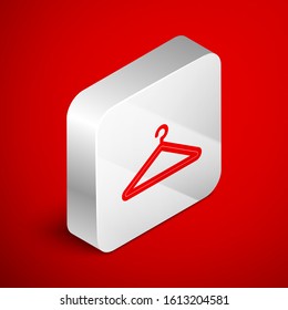 Isometric line Hanger wardrobe icon isolated on red background. Cloakroom icon. Clothes service symbol. Laundry hanger sign. Silver square button. Vector Illustration