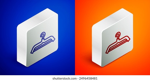 Isometric line Hanger wardrobe icon isolated on blue and orange background. Cloakroom icon. Clothes service symbol. Laundry hanger sign. Silver square button. Vector