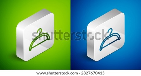 Isometric line Hanger wardrobe icon isolated on green and blue background. Cloakroom icon. Clothes service symbol. Laundry hanger sign. Silver square button. Vector