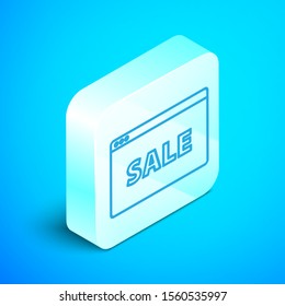 Isometric line Hanging sign with text Online Sale icon isolated on blue background. Signboard with text Sale. Silver square button. Vector Illustration