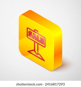 Línea isométrica Signo de colgado con texto Icono de venta aislado en fondo gris. Cartel con texto Sale. Botón cuadrado amarillo. Vector