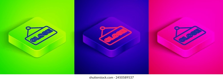 Línea isométrica Signo colgante con texto Icono cerrado aislado sobre fondo verde, azul y rosa. Tema de negocios para cafetería o restaurante. Botón cuadrado. Vector
