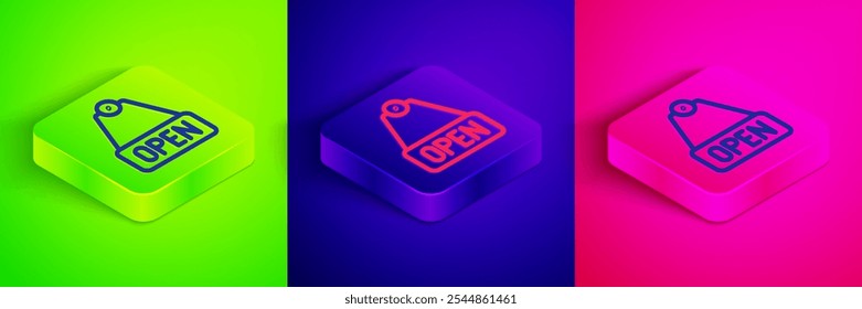 Isometric line Hanging sign with text Open door icon isolated on green, blue and pink background. Square button. Vector