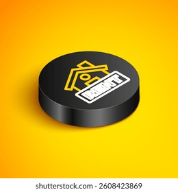 Isometric line Hanging sign with text Rent icon isolated on yellow background. Signboard with text For Rent. Black circle button. Vector