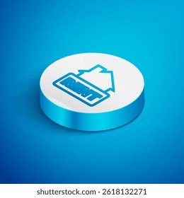 Línea isométrica Letrero colgante con texto Icono de alquiler aislado sobre fondo azul. Letrero con texto En alquiler. Botón de círculo blanco. Vector