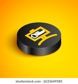 Línea isométrica Colgante signo con texto Para el icono de alquiler aislado en fondo amarillo. Letrero con texto En alquiler. Botón de círculo negro. Vector