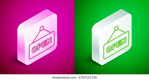 Isometric line Hanging sign with text Open door icon isolated on pink and green background. Silver square button. Vector
