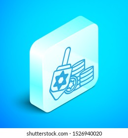 Isometric line Hanukkah dreidel and coin icon isolated on blue background. Silver square button. Vector Illustration
