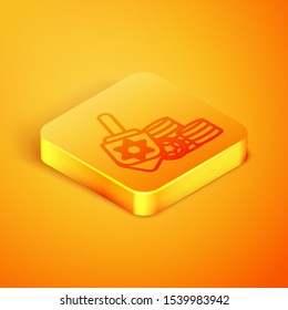 Isometric line Hanukkah dreidel and coin icon isolated on orange background. Orange square button. Vector Illustration