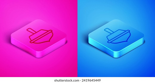 Isometric line Hanukkah dreidel icon isolated on pink and blue background. Square button. Vector