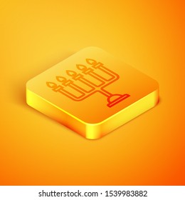 Isometric line Hanukkah menorah icon isolated on orange background. Hanukkah traditional symbol. Holiday religion, jewish festival of Lights. Orange square button. Vector Illustration