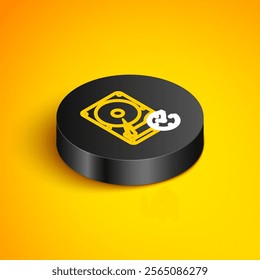 Isometric line Hard disk drive with clockwise sign, data recovery icon isolated on yellow background. Black circle button. Vector