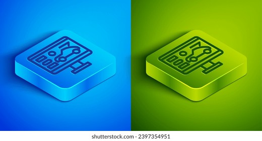 Isometric line Hardware diagnostics condition of car icon isolated on blue and green background. Car service and repair parts. Square button. Vector Illustration