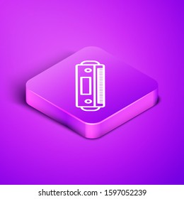 Isometric line Harmonica icon isolated on purple background. Musical instrument. Purple square button. Vector Illustration