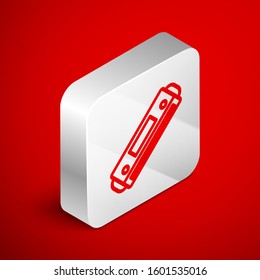 Isometric line Harmonica icon isolated on red background. Musical instrument. Silver square button. Vector Illustration