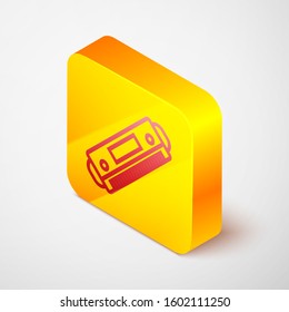 Isometric line Harmonica icon isolated on grey background. Musical instrument. Yellow square button. Vector Illustration
