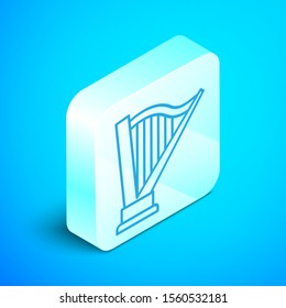 Isometric line Harp icon isolated on blue background. Classical music instrument, orhestra string acoustic element. Silver square button. Vector Illustration