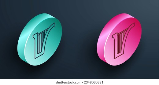 Isometric line Harp icon isolated on black background. Classical music instrument, orhestra string acoustic element. Turquoise and pink circle button. Vector