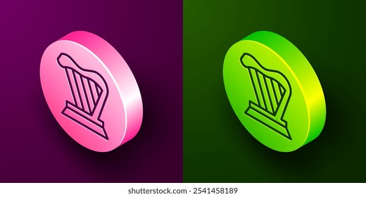 Icono de arpa de línea isométrica aislado sobre fondo púrpura y verde. Instrumento de música Clásica, elemento acústico de cuerda de orquesta. Botón circular. Vector