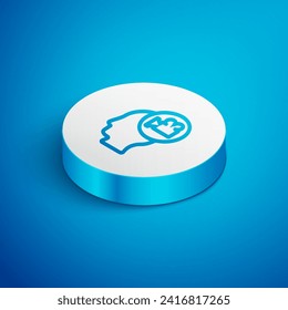 Cabezal de línea isométrica con icono de cámara aislado en fondo azul. Cámara de video. Signo de película. Proyector de película. Botón Círculo blanco. Vector