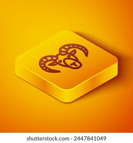 Isometric line Head of goat or ram icon isolated on orange background. Mountain sheep. Animal symbol. Yellow square button. Vector