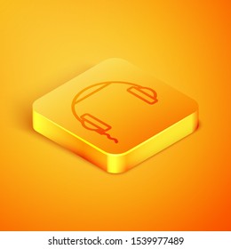 Isometric line Headphones icon isolated on orange background. Earphones sign. Concept for listening to music, service, communication and operator. Orange square button. Vector Illustration