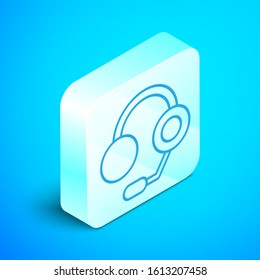 Isometric line Headphones icon isolated on blue background. Earphones. Concept for listening to music, service, communication and operator. Silver square button. Vector Illustration