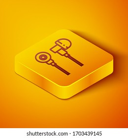 Isometric line headphones icon icon isolated on orange background. Holder wireless in case earphones garniture electronic gadget. Yellow square button. Vector Illustration