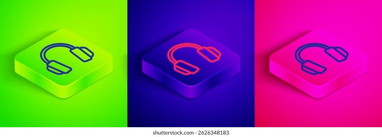 Isometric line Headphones icon isolated on green, blue and pink background. Earphones. Concept for listening to music, service, communication and operator. Square button. Vector