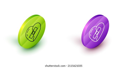 Línea isométrica Icono curado de corazón roto o divorcio aislado en fondo blanco. El corazón destrozado y revuelto. Símbolo de amor. Día de San Valentín. Botones de círculo verde y violeta. Vector