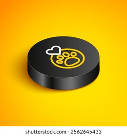 Isometric line Heart with animals footprint icon isolated on yellow background. Pet paw in heart. Love to the animals. Black circle button. Vector