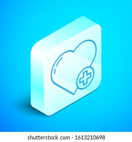 Isometric line Heart icon isolated on blue background. Romantic symbol linked, join, passion and wedding. Valentine day symbol. Silver square button. Vector Illustration
