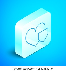 Isometric line Heart with shield icon isolated on blue background. Love symbol. Insurance concept. Security, safety, protection, protect concept. Silver square button. Vector Illustration